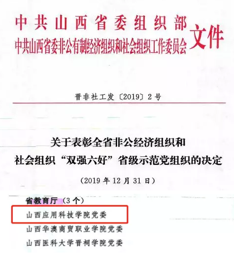 喜报 | 中共山西应用科技学院党委荣获“双强六好”省级示范党组织荣誉称号